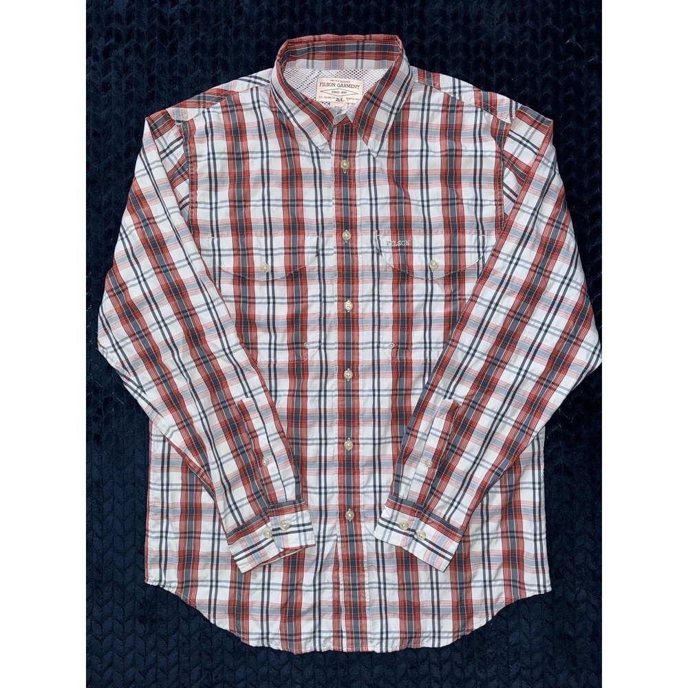 Filson Mens Twin Lakes Sport Shirt Rust Cream UPF Protection Utility Sz Small
